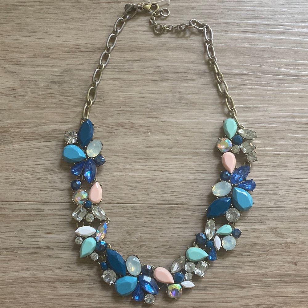 J. Crew Blue, Teal, Pink and Clear Crystal Bib Necklace